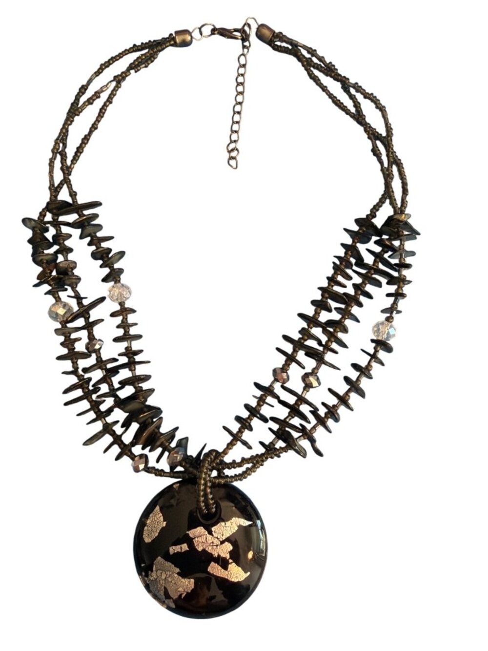 Black Glass Shell Seed Bead Multi Strand Necklace Round Dichroic Silver Tone 23"